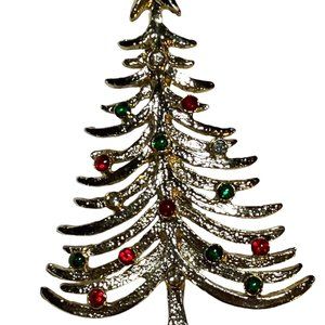 Christmas Tree Pin gold-tone with Multi Colored Rhinestones Vintage